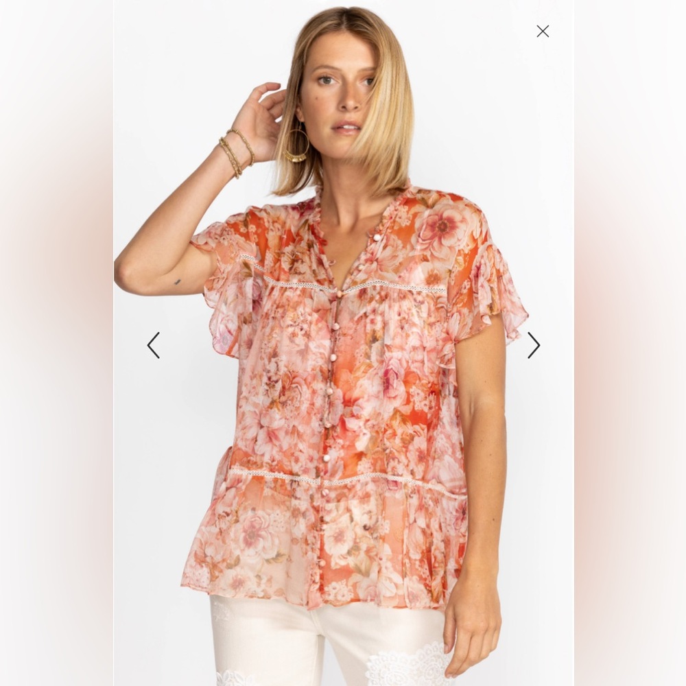 Johnny Was Pink Floral Yours Truly Silk Blouse Set Size Small